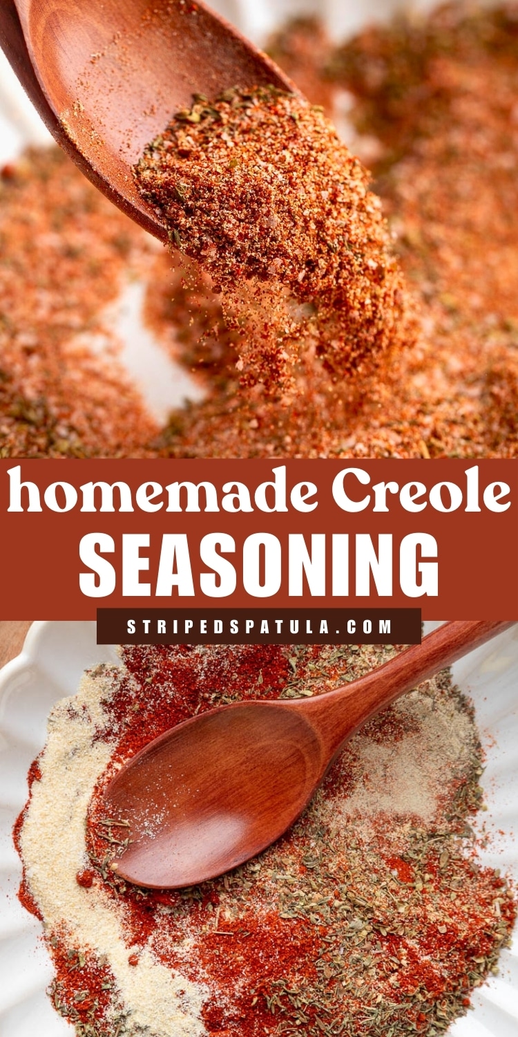 Two close-up images of a vibrant homemade Creole seasoning blend with red, green, and beige spices. A wooden spoon is shown lifting and mixing the spices. Bold text reads “homemade Creole SEASONING” with the URL “stripedspatula.com” underneath.