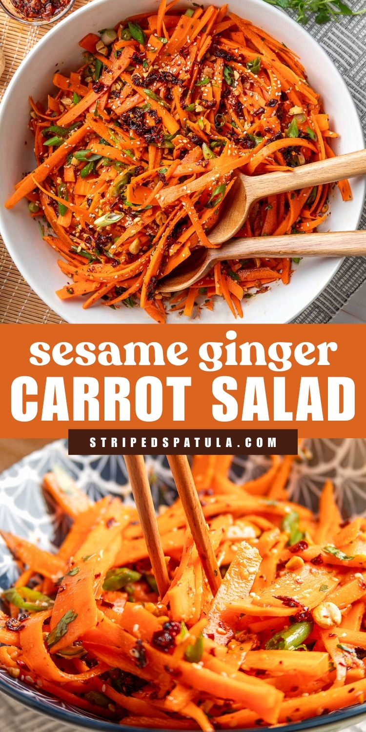 Two images of sesame ginger carrot salad made with shredded carrots, scallions, sesame seeds, chili crisp, and herbs tossed in a glossy dressing. The top image shows the salad in a large white bowl with wooden serving spoons, and the bottom image shows carrot ribbons being lifted with chopsticks. Text overlay reads “sesame ginger CARROT SALAD” with “stripedspatula.com” beneath.