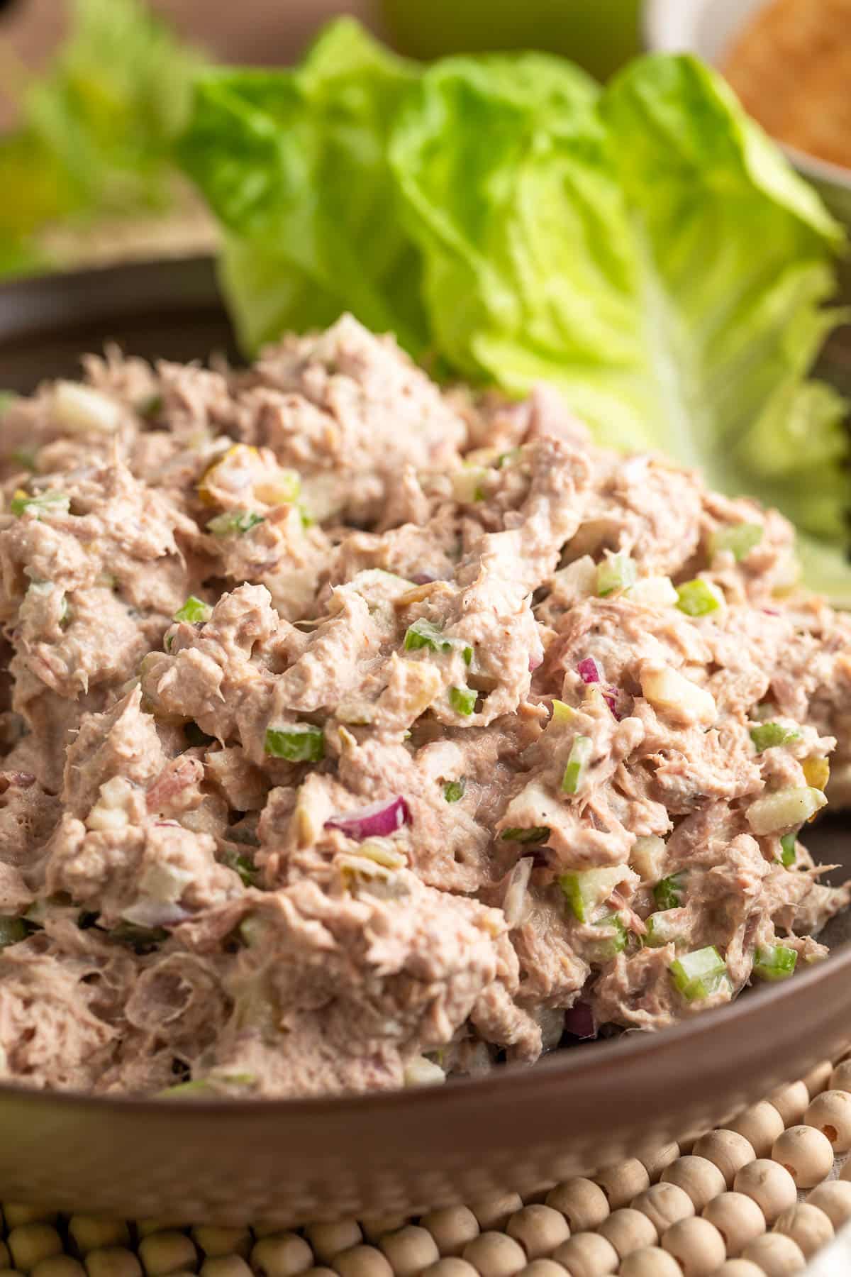Tuna salad with chopped celery, apples, red onion, and herbs in a bowl, served with lettuce leaves on the side.