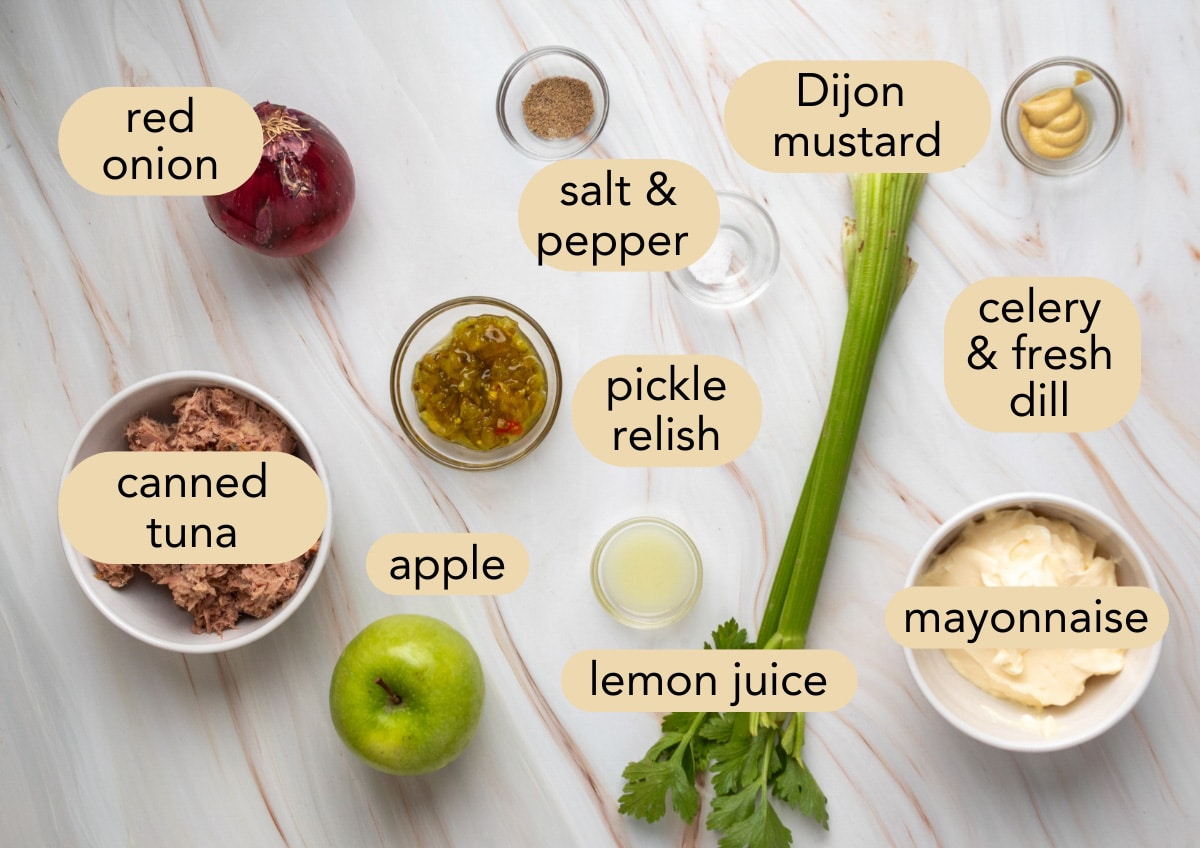 Ingredients for apple tuna salad labeled on a white surface, including canned tuna, red onion, apple, celery, fresh dill, pickle relish, mayonnaise, Dijon mustard, lemon juice, and salt and pepper.