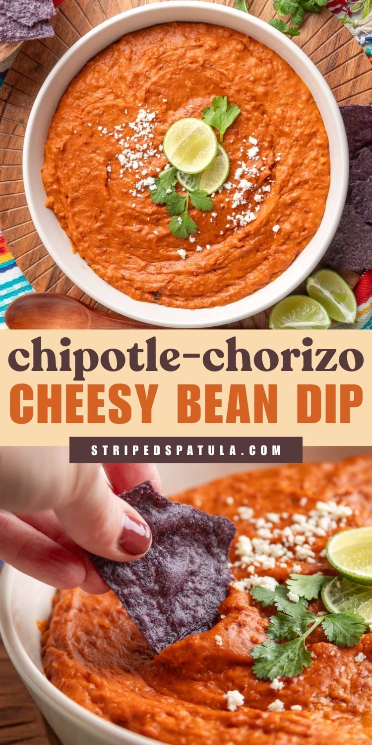 Two images of a chipotle-chorizo cheesy bean dip with a smooth, orange-red surface, garnished with lime slices, cilantro, and crumbled cheese. The top image shows the dip in a serving dish, and the bottom shows a tortilla chip dipping into it. Text overlay reads “chipotle-chorizo CHEESY BEAN DIP” with “stripedspatula.com” beneath.