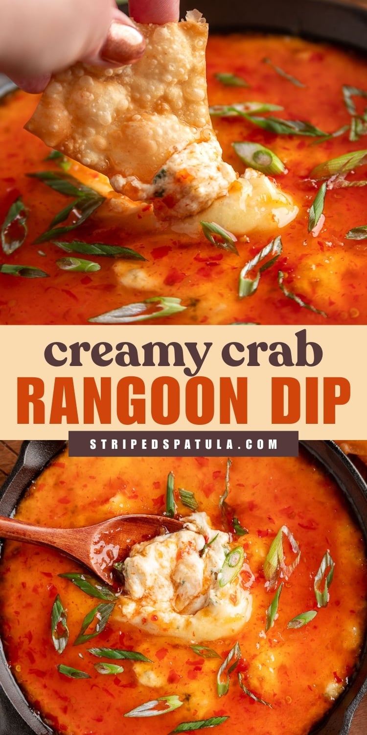 Two images of a creamy crab Rangoon dip with a glossy sweet chili sauce topping and sliced scallions. The top shows a crispy wonton chip dipping into the cheesy crab mixture, and the bottom shows a spoon lifting a scoop from a skillet. Text overlay reads “creamy crab RANGOON DIP” with “stripedspatula.com” beneath.
