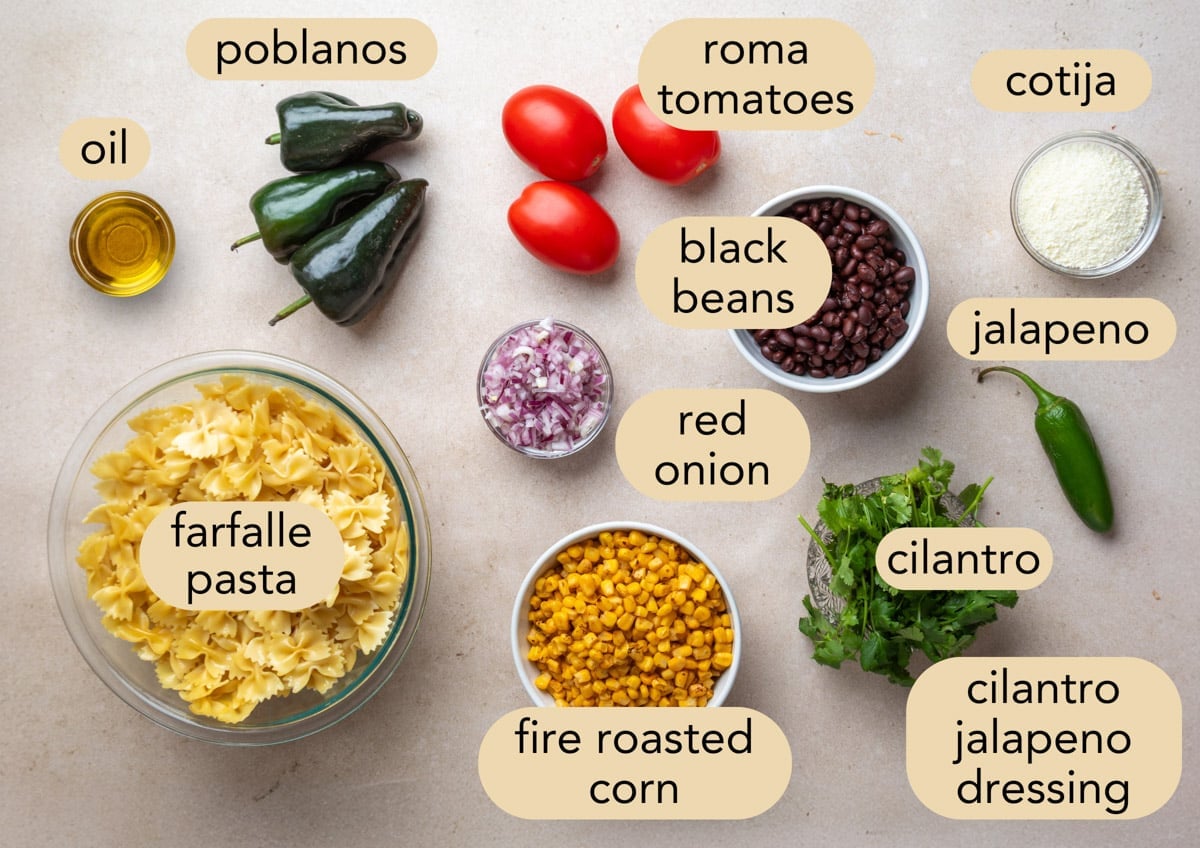 Overhead ingredient photo for Southwest pasta salad featuring farfalle pasta, poblano peppers, Roma tomatoes, black beans, fire roasted corn, red onion, jalapeno, cilantro, cotija cheese, cilantro jalapeno dressing, and oil on a neutral background with labeled ingredients.