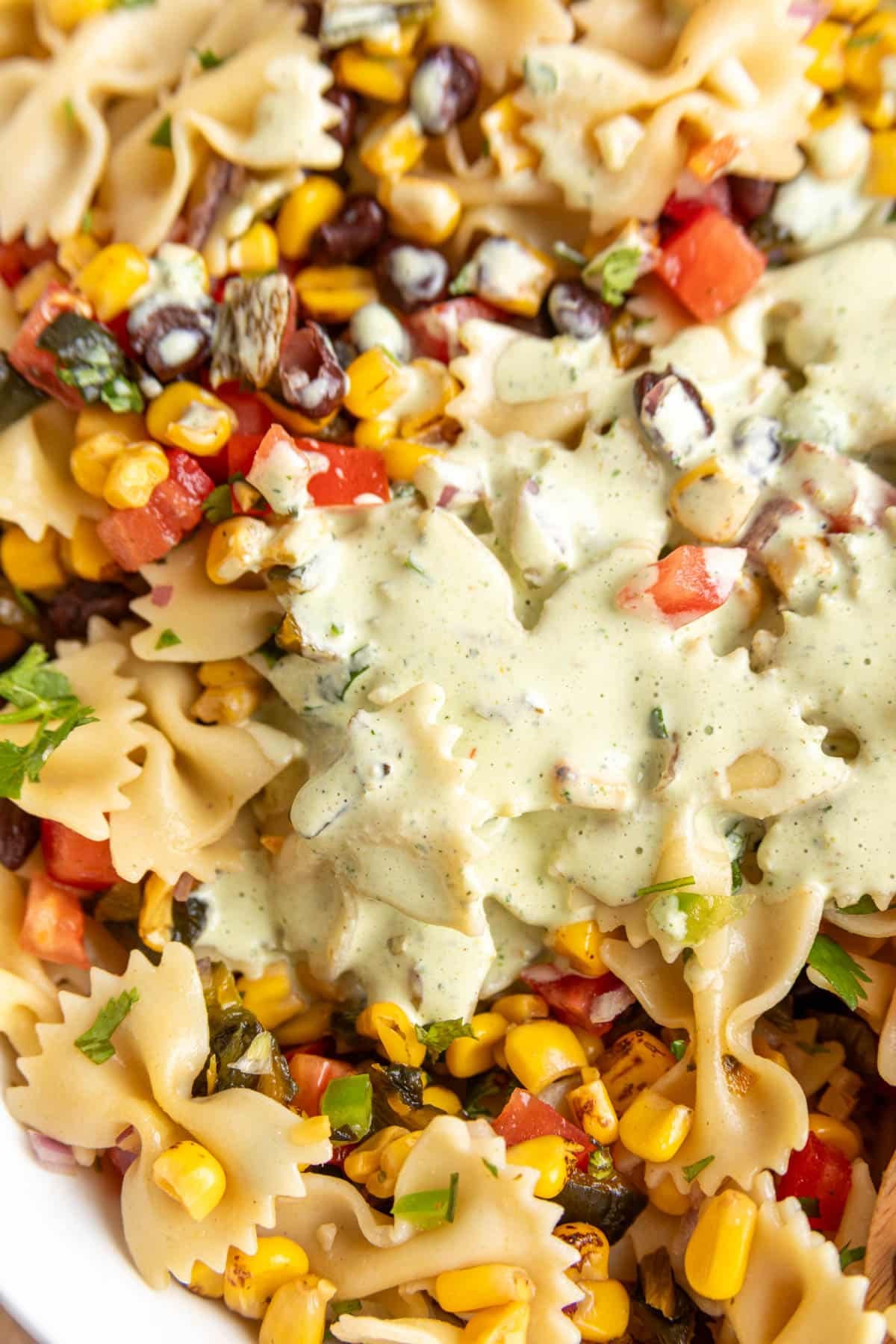 Close-up of creamy cilantro jalapeno dressing poured over Southwest pasta salad with farfalle pasta, black beans, roasted corn, tomatoes, and poblano peppers.