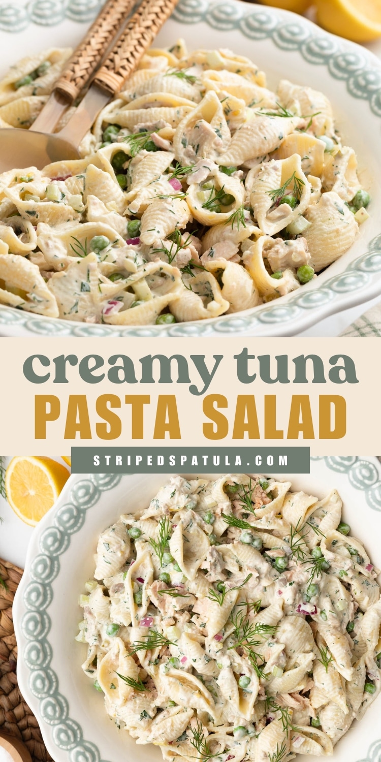 Two overhead views of creamy tuna pasta salad made with shell pasta, tuna, peas, celery, red onion, and fresh dill in a creamy dressing, served in a decorative white bowl with woven-handled serving utensils and lemon wedges nearby. Text overlay reads “creamy tuna PASTA SALAD” with “stripedspatula.com” beneath.