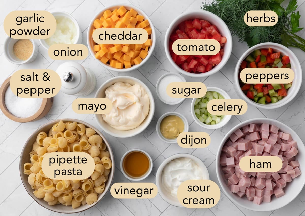 Overhead view of ingredients for ham pasta salad arranged on a white surface, including pipette pasta, diced ham, cheddar cheese, tomatoes, bell peppers, celery, onion, fresh herbs, mayonnaise, sour cream, Dijon mustard, vinegar, sugar, garlic powder, and salt and pepper. Ingredient labels identify each component used in the recipe.