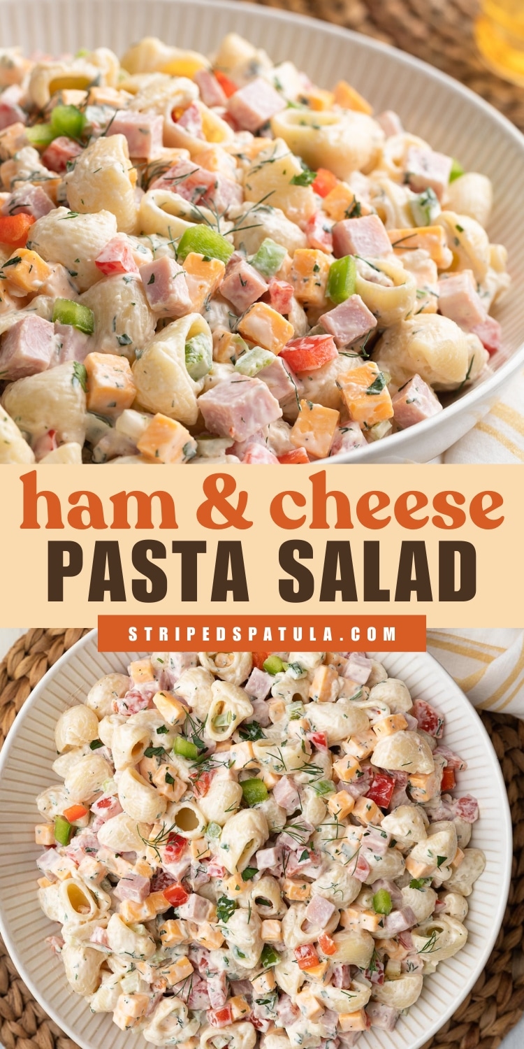 Two photos of creamy ham and cheese pasta salad made with shell pasta, diced ham, cheddar cheese cubes, red and green bell peppers, fresh herbs, and a creamy dressing. The top image shows a close-up of the salad in a large serving bowl, while the bottom shows a full bowl of the pasta salad garnished with dill and parsley. Text overlay reads โham & cheese PASTA SALADโ with โstripedspatula.comโ beneath.