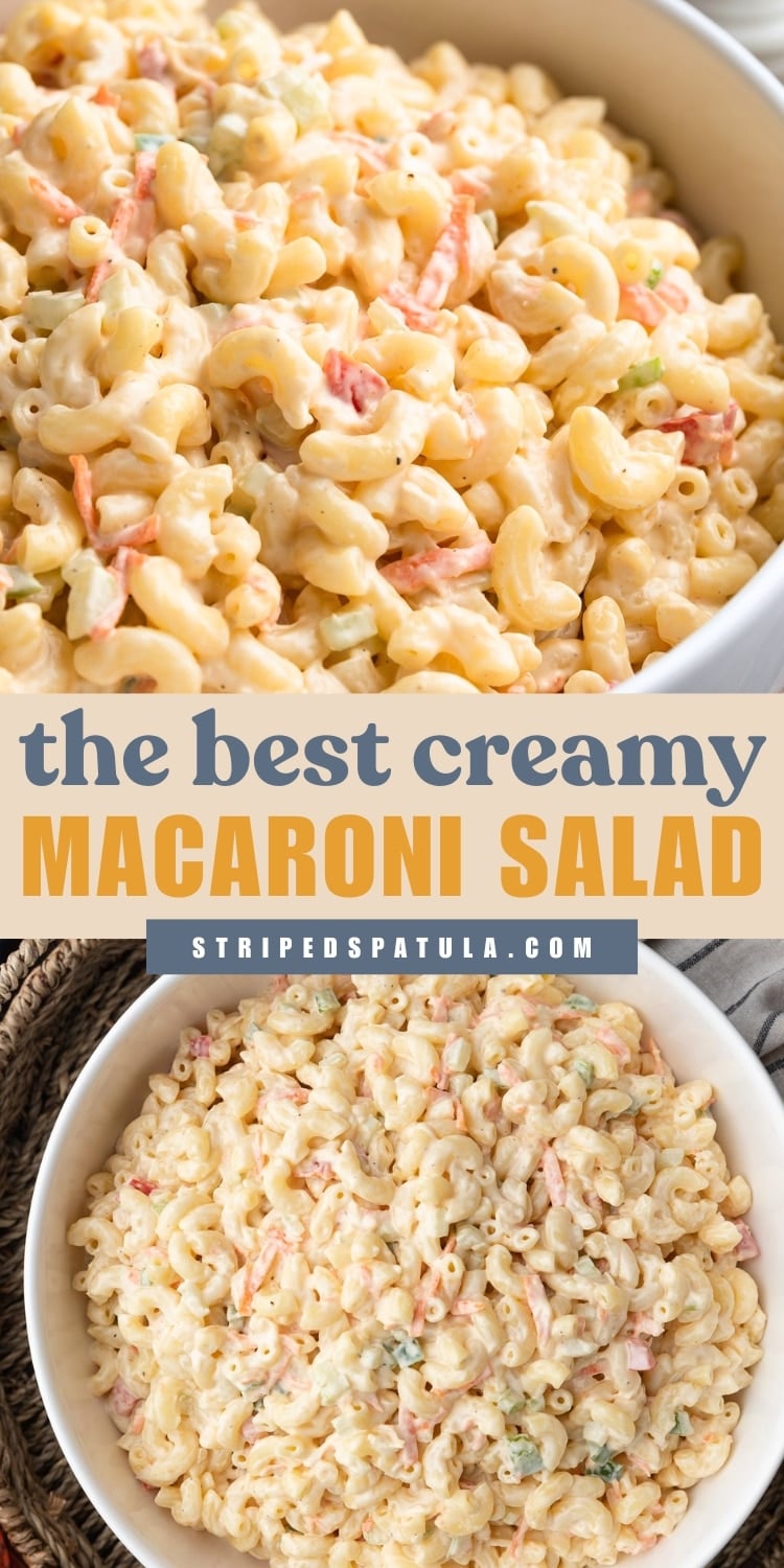 Two photos of creamy macaroni salad made with elbow macaroni, shredded carrots, celery, and a creamy dressing. The top image is a close-up of the salad in a serving bowl, while the bottom shows a full bowl of the finished macaroni salad. Text overlay reads โthe best creamy MACARONI SALADโ with โstripedspatula.comโ beneath.